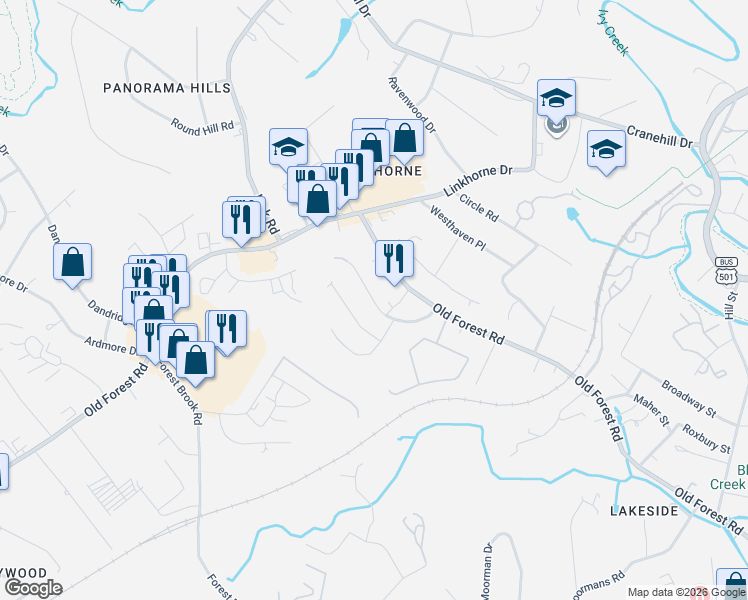 map of restaurants, bars, coffee shops, grocery stores, and more near 2700 Poindexter Street in Lynchburg