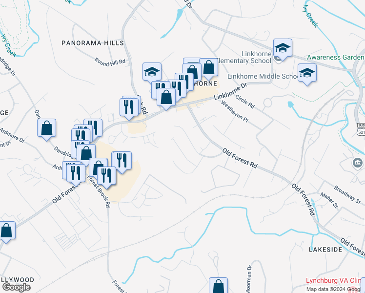 map of restaurants, bars, coffee shops, grocery stores, and more near 174 Robinia Road in Lynchburg