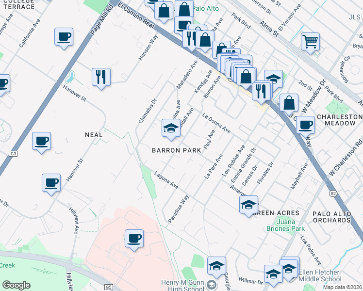 map of restaurants, bars, coffee shops, grocery stores, and more near 821 Barron Avenue in Palo Alto
