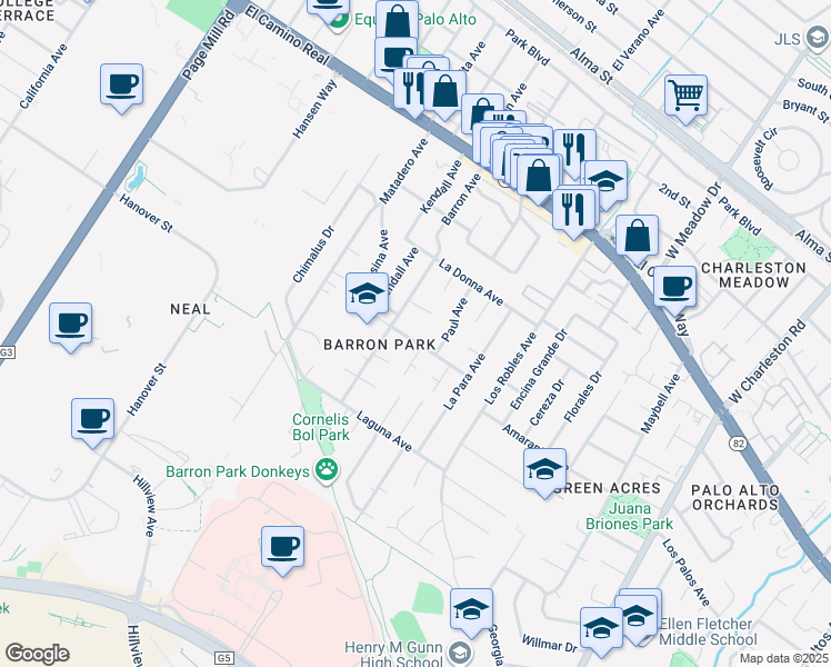 map of restaurants, bars, coffee shops, grocery stores, and more near 3751 El Centro Street in Palo Alto