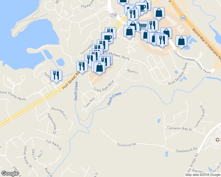 map of restaurants, bars, coffee shops, grocery stores, and more near 13322 Diamond Ridge Drive in Midlothian
