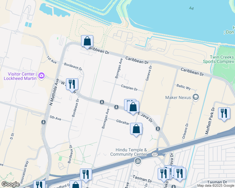 map of restaurants, bars, coffee shops, grocery stores, and more near 222 Caspian Drive in Sunnyvale
