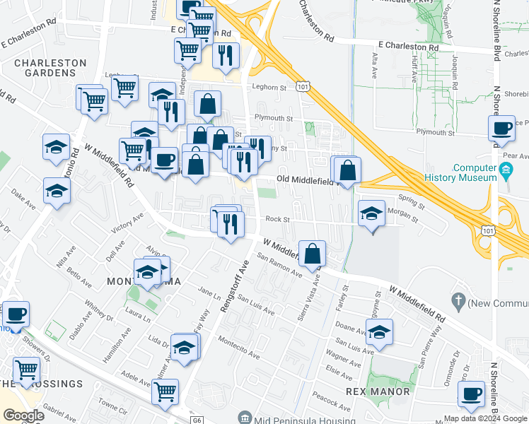 map of restaurants, bars, coffee shops, grocery stores, and more near 713 North Rengstorff Avenue in Mountain View