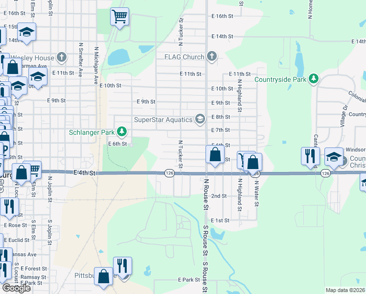 map of restaurants, bars, coffee shops, grocery stores, and more near 601 North Tucker Street in Pittsburg