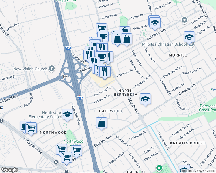 map of restaurants, bars, coffee shops, grocery stores, and more near 3005 Postwood Drive in San Jose