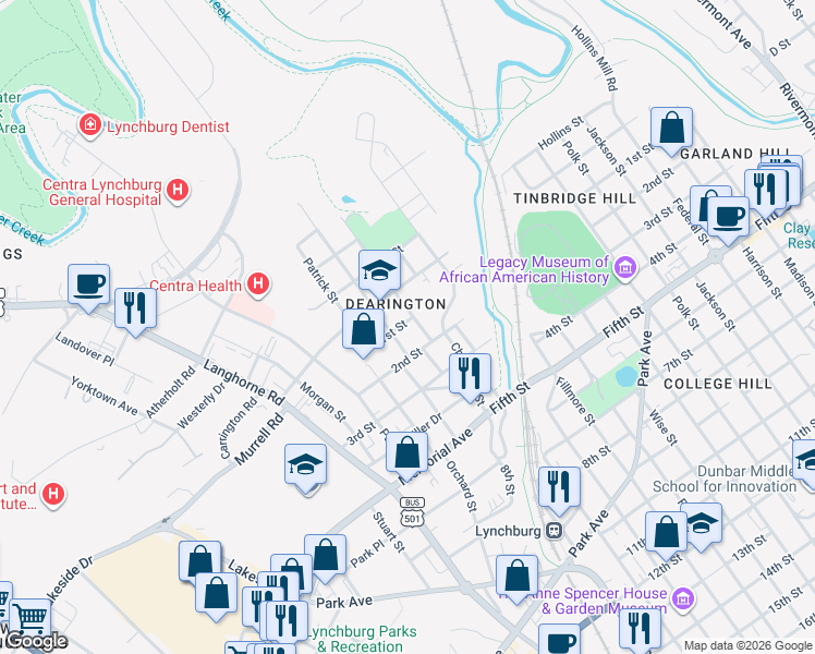 map of restaurants, bars, coffee shops, grocery stores, and more near 100-198 North York Street in Lynchburg