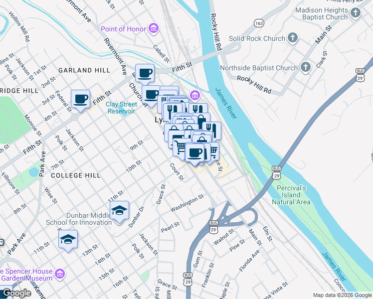 map of restaurants, bars, coffee shops, grocery stores, and more near 1020 Church Street in Lynchburg