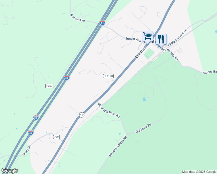 map of restaurants, bars, coffee shops, grocery stores, and more near 4941 Lee Highway in Troutville