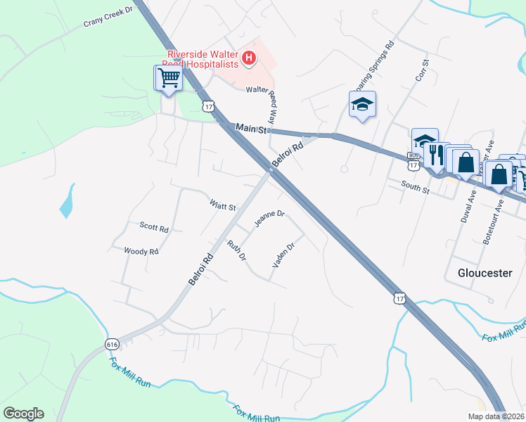 map of restaurants, bars, coffee shops, grocery stores, and more near 7288 Jeanne Drive in Gloucester