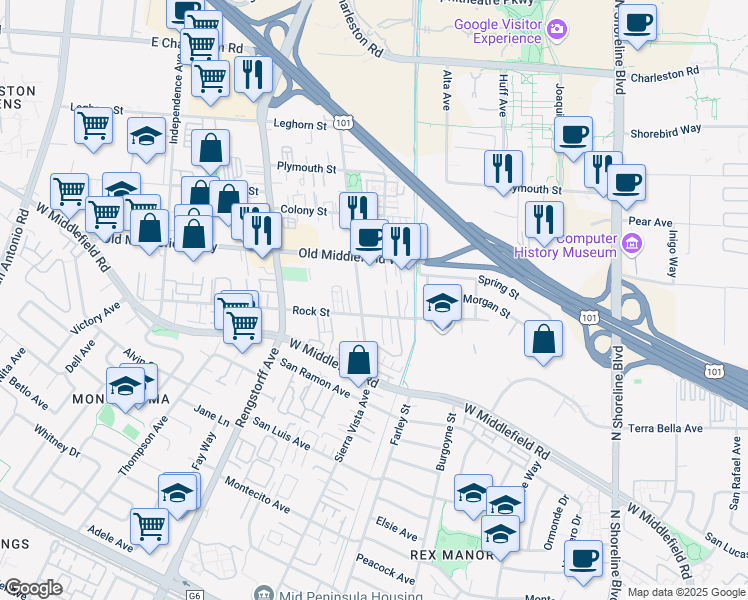 map of restaurants, bars, coffee shops, grocery stores, and more near 717 Sierra Vista Avenue in Mountain View