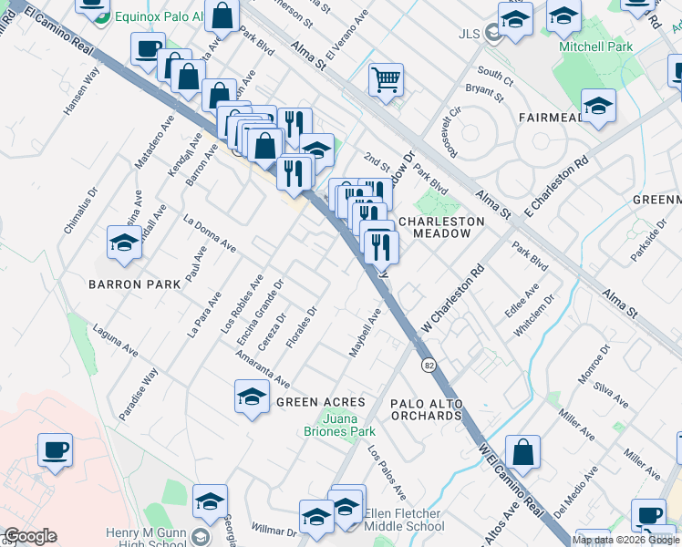 map of restaurants, bars, coffee shops, grocery stores, and more near in Palo Alto