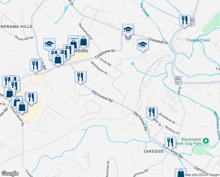 map of restaurants, bars, coffee shops, grocery stores, and more near 2516 Old Forest Road in Lynchburg