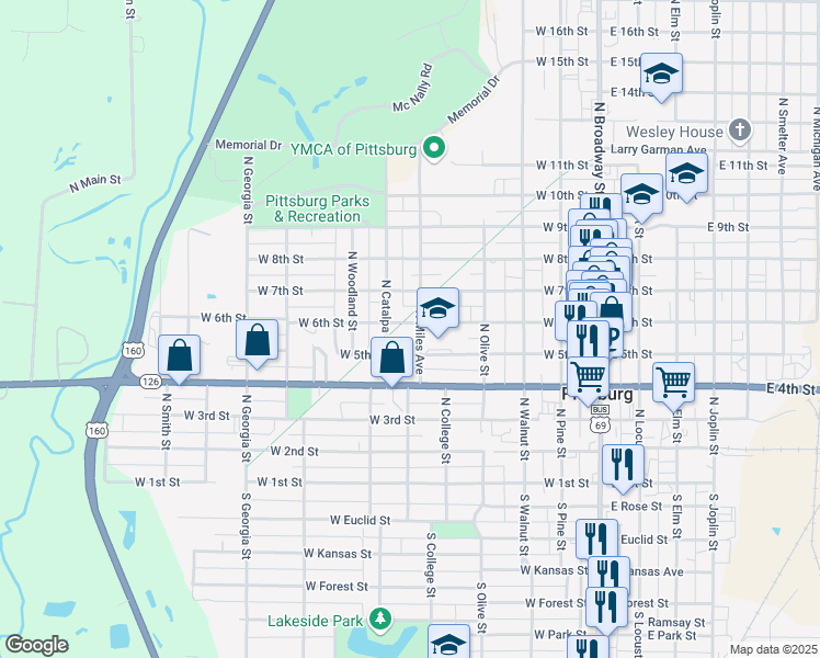 map of restaurants, bars, coffee shops, grocery stores, and more near 503 West 6th Street in Pittsburg