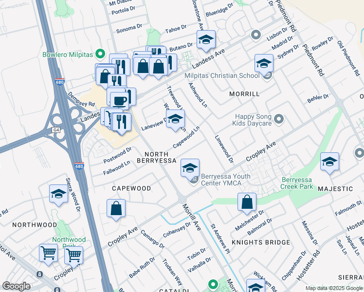map of restaurants, bars, coffee shops, grocery stores, and more near 3126 Capewood Lane in San Jose