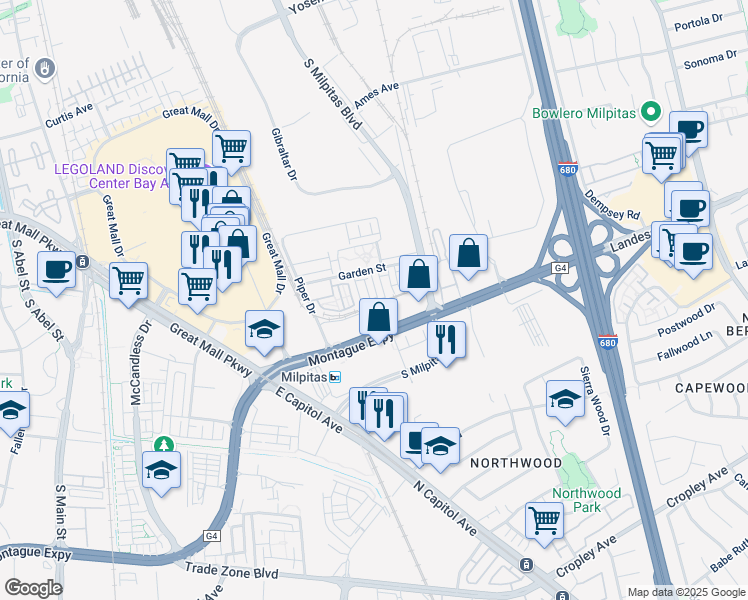 map of restaurants, bars, coffee shops, grocery stores, and more near 1463 Nightshade Road in Milpitas