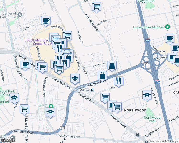 map of restaurants, bars, coffee shops, grocery stores, and more near 509 Clover Circle in Milpitas