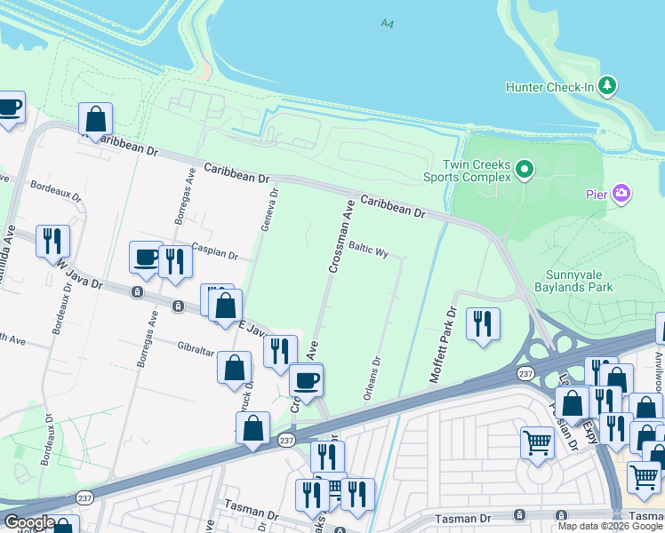 map of restaurants, bars, coffee shops, grocery stores, and more near 1273-1399 Crossman Ave in Sunnyvale
