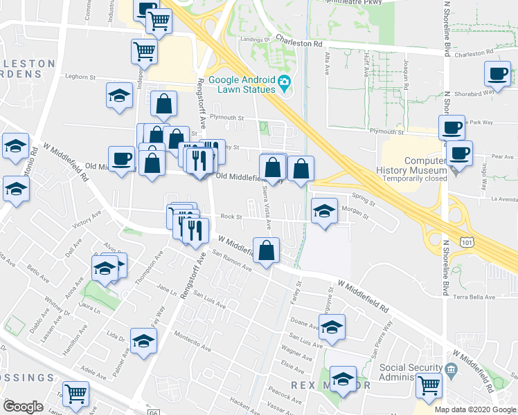 map of restaurants, bars, coffee shops, grocery stores, and more near 716 Sierra Vista Avenue in Mountain View
