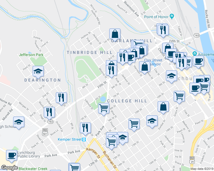 map of restaurants, bars, coffee shops, grocery stores, and more near 1127 Park Avenue in Lynchburg