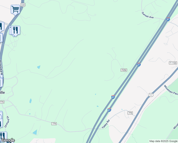 map of restaurants, bars, coffee shops, grocery stores, and more near Twin Oak Drive in Troutville