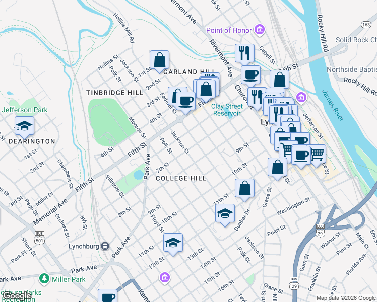 map of restaurants, bars, coffee shops, grocery stores, and more near 700 Jackson Street in Lynchburg