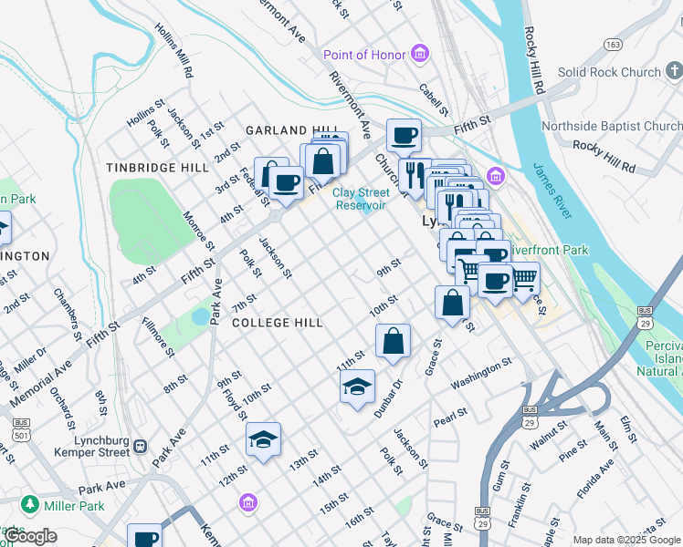 map of restaurants, bars, coffee shops, grocery stores, and more near 700 8th Street in Lynchburg
