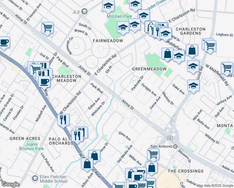 map of restaurants, bars, coffee shops, grocery stores, and more near 107 Greenmeadow Way in Palo Alto