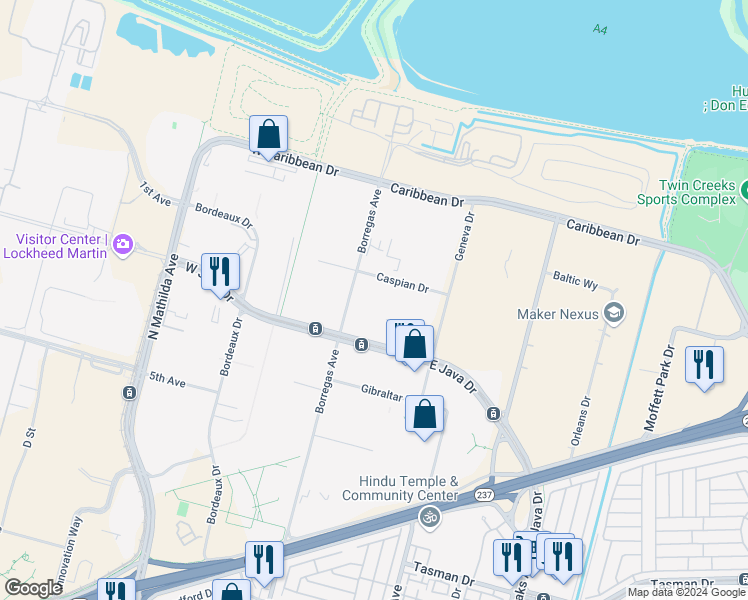 map of restaurants, bars, coffee shops, grocery stores, and more near 222 Caspian Drive in Sunnyvale