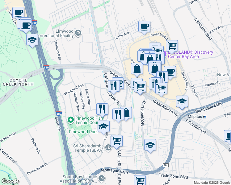 map of restaurants, bars, coffee shops, grocery stores, and more near 1208 South Abel Street in Milpitas