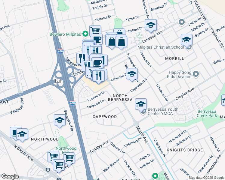 map of restaurants, bars, coffee shops, grocery stores, and more near 2081 Morrill Avenue in San Jose