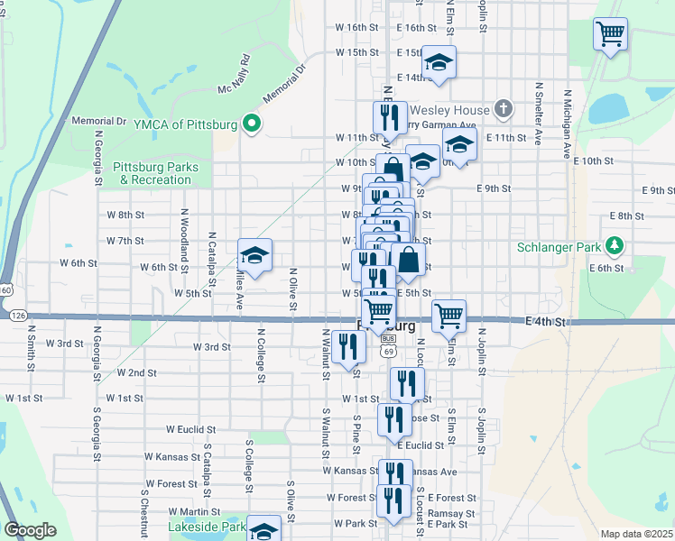 map of restaurants, bars, coffee shops, grocery stores, and more near 205 West 6th Street in Pittsburg