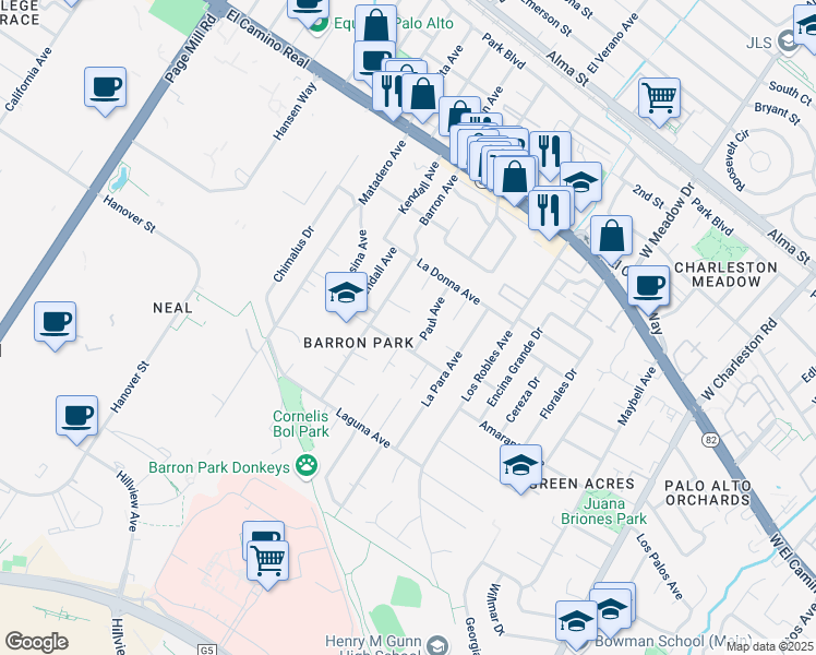 map of restaurants, bars, coffee shops, grocery stores, and more near 3795 El Centro Street in Palo Alto