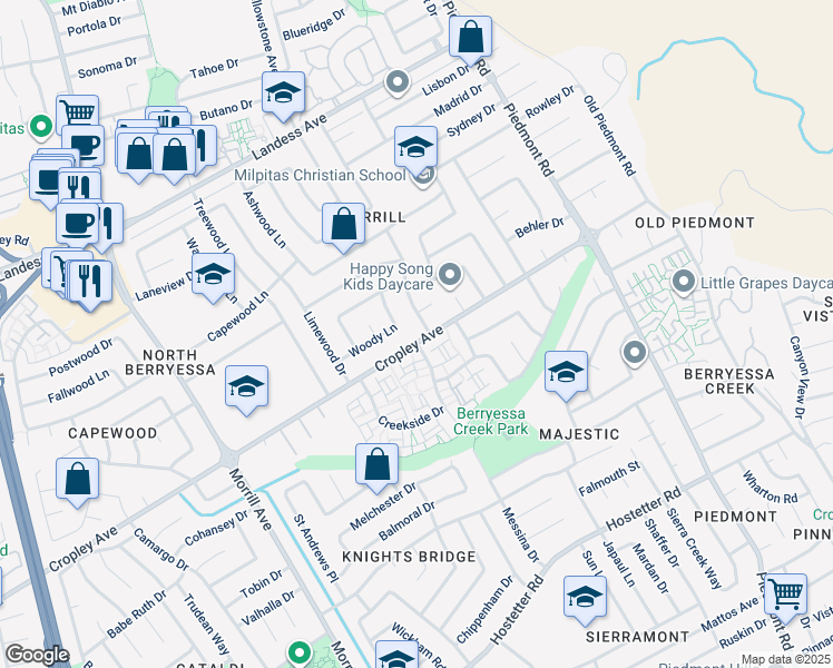 map of restaurants, bars, coffee shops, grocery stores, and more near 3291 Cropley Avenue in San Jose