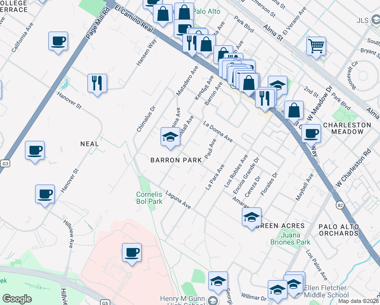 map of restaurants, bars, coffee shops, grocery stores, and more near 821 Barron Avenue in Palo Alto