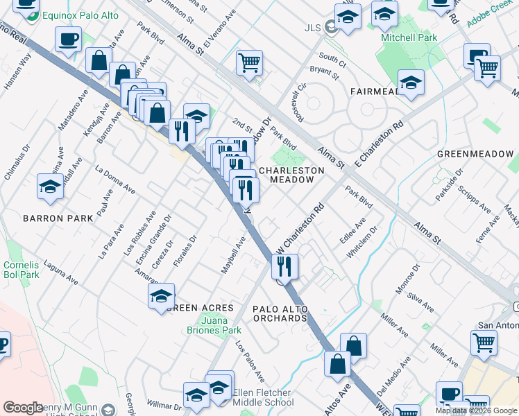 map of restaurants, bars, coffee shops, grocery stores, and more near 4151 El Camino Way in Palo Alto