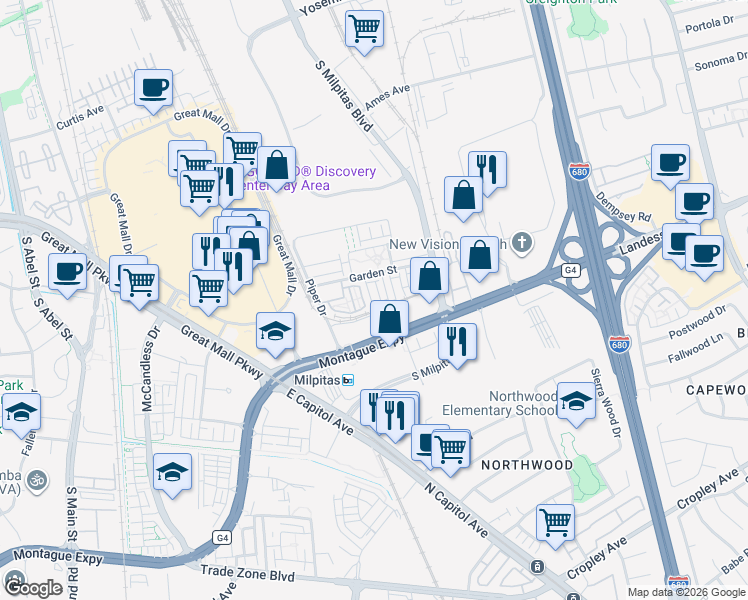 map of restaurants, bars, coffee shops, grocery stores, and more near 1463 Nightshade Road in Milpitas