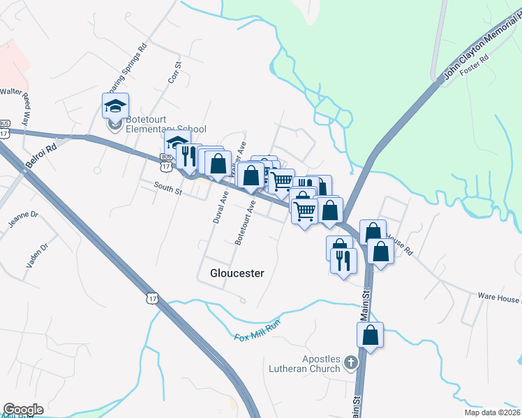 map of restaurants, bars, coffee shops, grocery stores, and more near 6641 Gloucester Street in Gloucester Courthouse