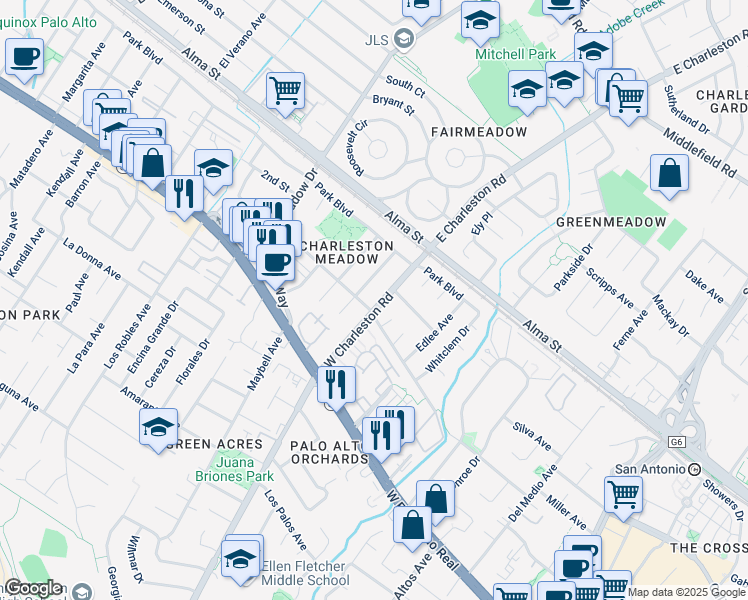 map of restaurants, bars, coffee shops, grocery stores, and more near 370 West Charleston Road in Palo Alto