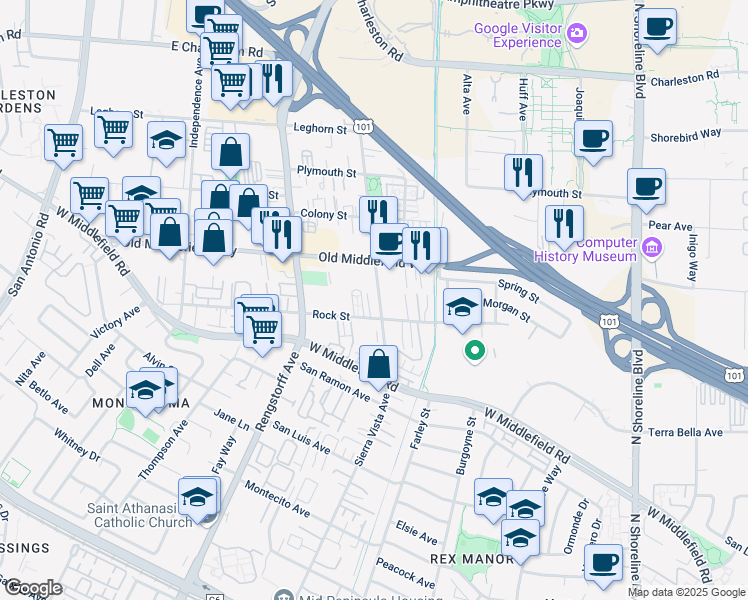 map of restaurants, bars, coffee shops, grocery stores, and more near 716 Sierra Vista Avenue in Mountain View