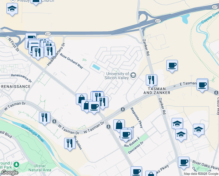 map of restaurants, bars, coffee shops, grocery stores, and more near 108 El Bosque Drive in San Jose