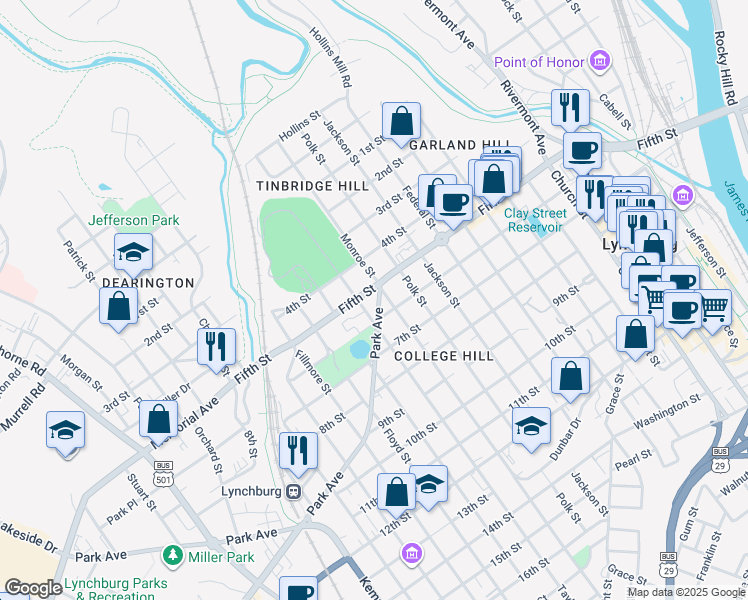 map of restaurants, bars, coffee shops, grocery stores, and more near 1127 Park Ave in Lynchburg