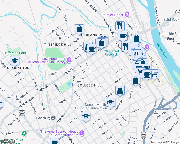 map of restaurants, bars, coffee shops, grocery stores, and more near 621 Jackson Street in Lynchburg