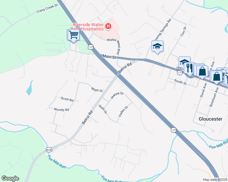 map of restaurants, bars, coffee shops, grocery stores, and more near 7288 Jeanne Dr in Gloucester