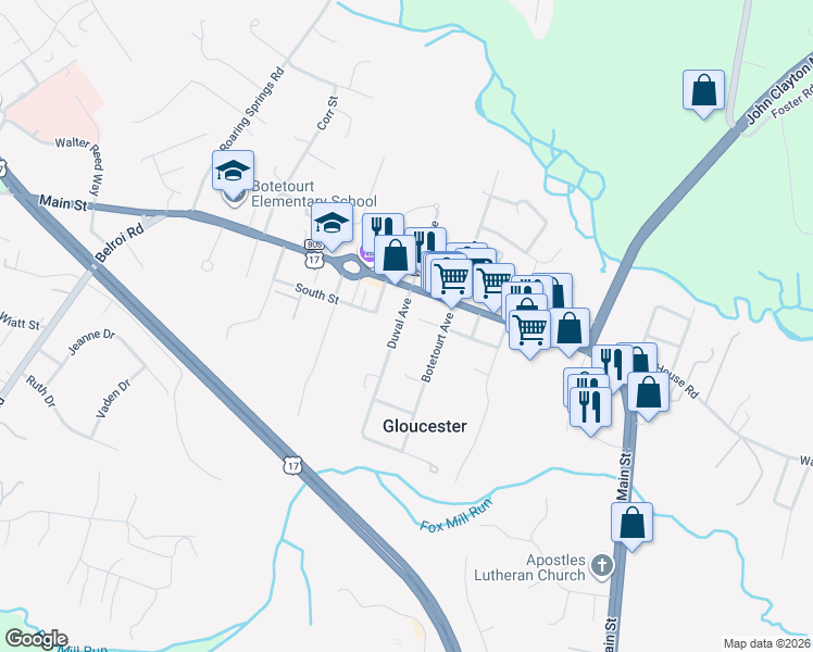 map of restaurants, bars, coffee shops, grocery stores, and more near 7302 Botetourt Avenue in Gloucester
