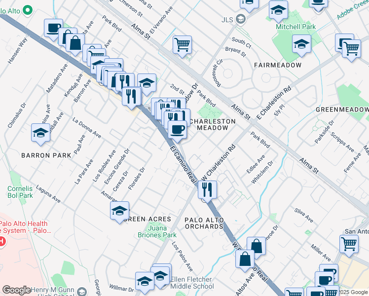 map of restaurants, bars, coffee shops, grocery stores, and more near 4149 El Camino Way in Palo Alto