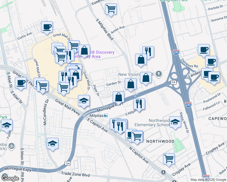 map of restaurants, bars, coffee shops, grocery stores, and more near 1463 Nightshade Road in Milpitas
