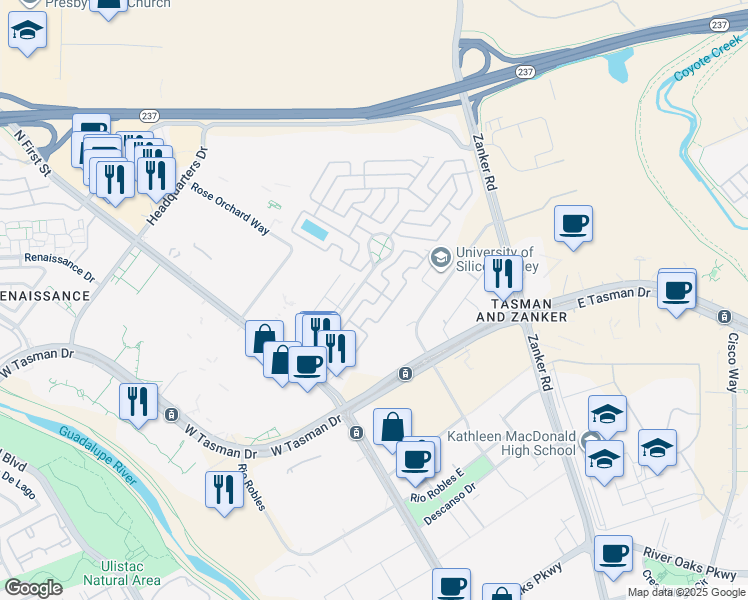 map of restaurants, bars, coffee shops, grocery stores, and more near 108 El Bosque Drive in San Jose