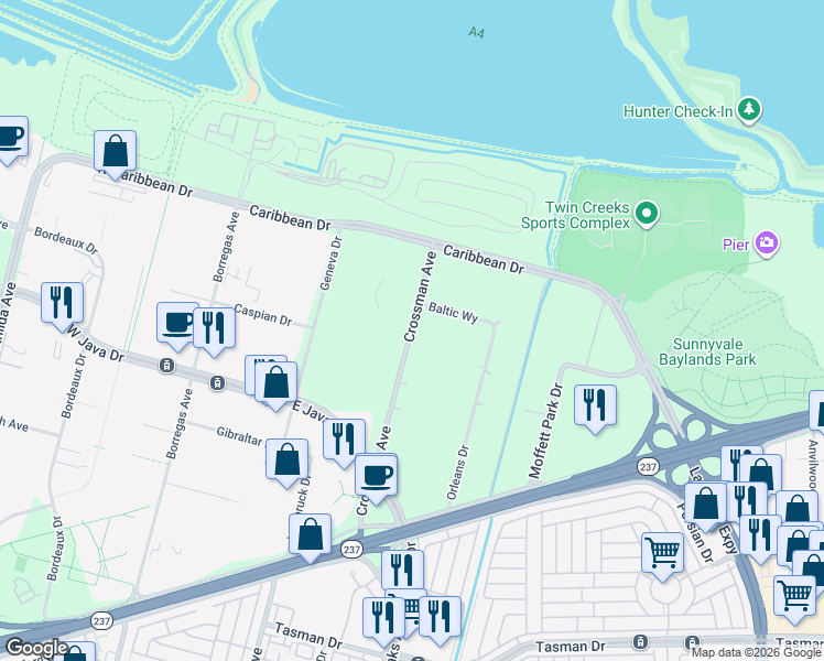 map of restaurants, bars, coffee shops, grocery stores, and more near 1273-1399 Crossman Ave in Sunnyvale