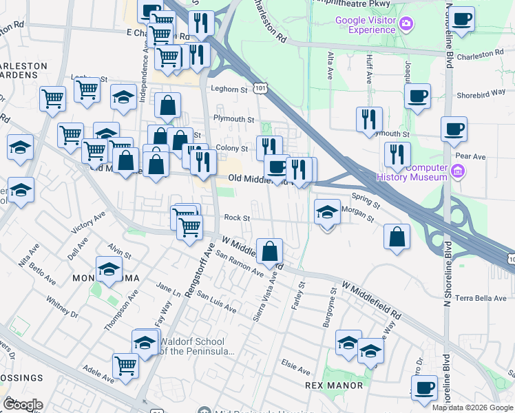 map of restaurants, bars, coffee shops, grocery stores, and more near 716 Sierra Vista Avenue in Mountain View
