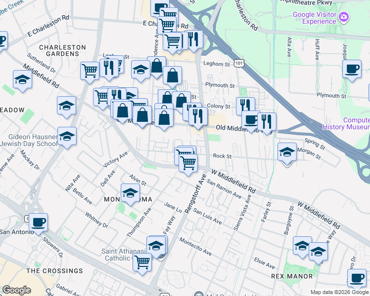 map of restaurants, bars, coffee shops, grocery stores, and more near 728 Cottage Court in Mountain View